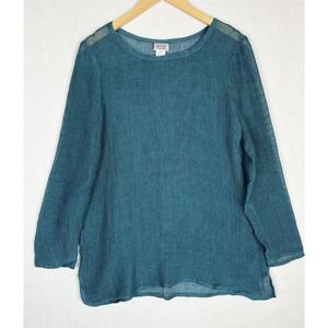 Eileen Fisher Large Linen Blend Open Knit Tunic Long Sleeve Blue Lagenlook